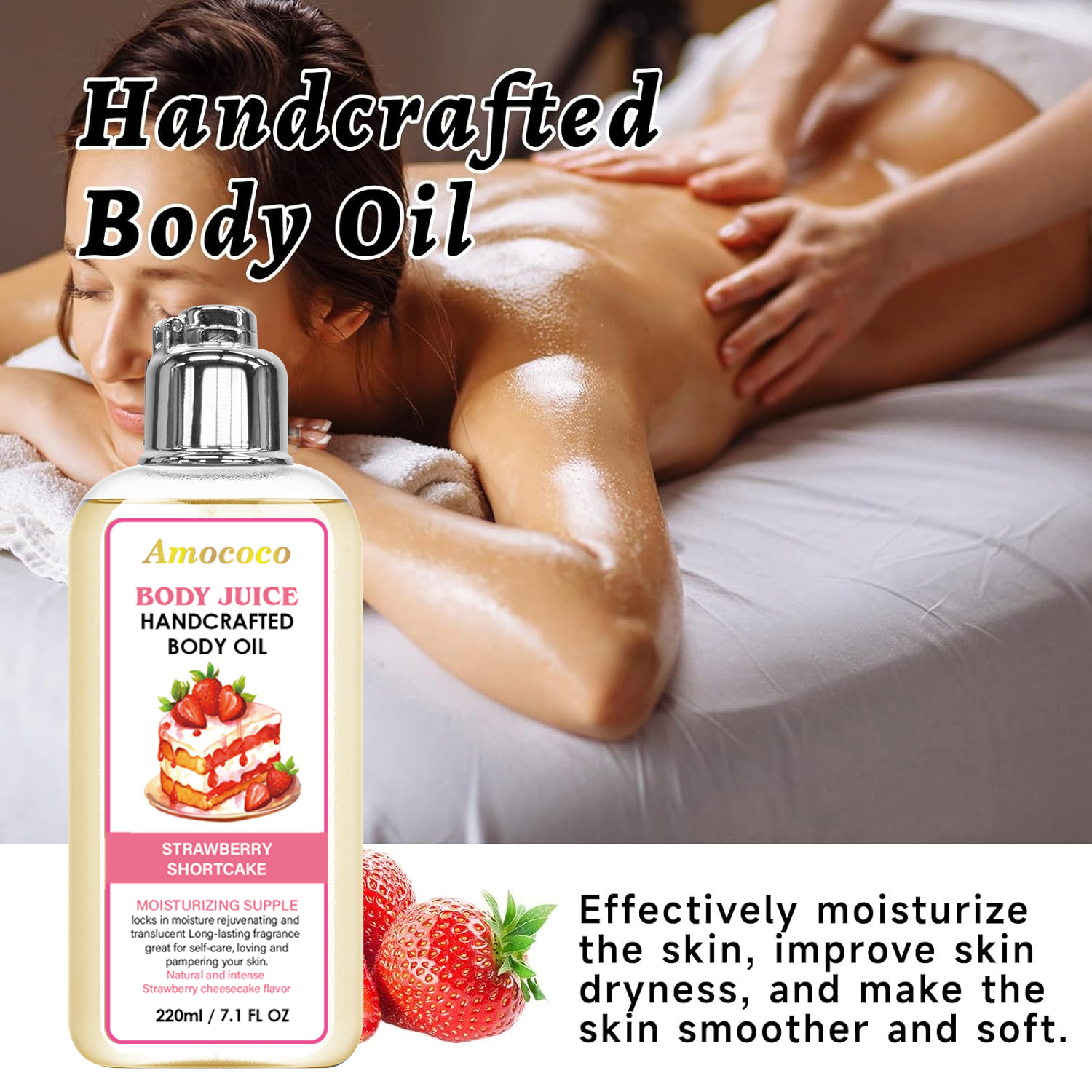 Only Supports Self Pickup With Waybill Amococo Strawberry Shortcake Body Juice Oil, 220ml Handcrafted Moisturizing Body Oil For Dry Skin, Long-Lasting Fragrance Body Massage Oil, Natural Plant-Based L