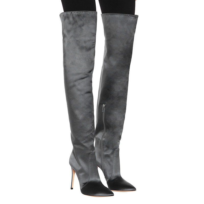 Temperament Grey Sardine Side Zipper Pointed Toe Stiletto High-heeled Boots