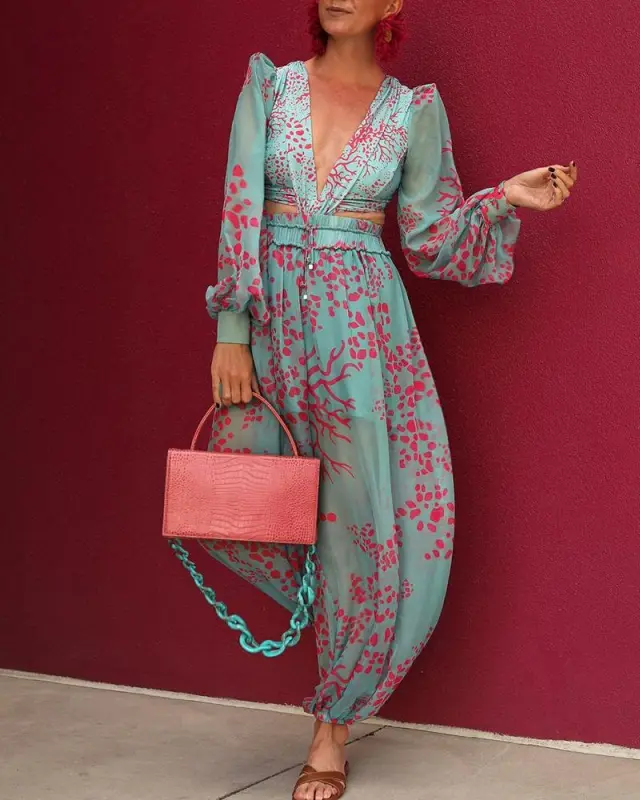 Full Screen Printed Chiffon Sexy Deep V Jumpsuit Green - Shop at LoveMi