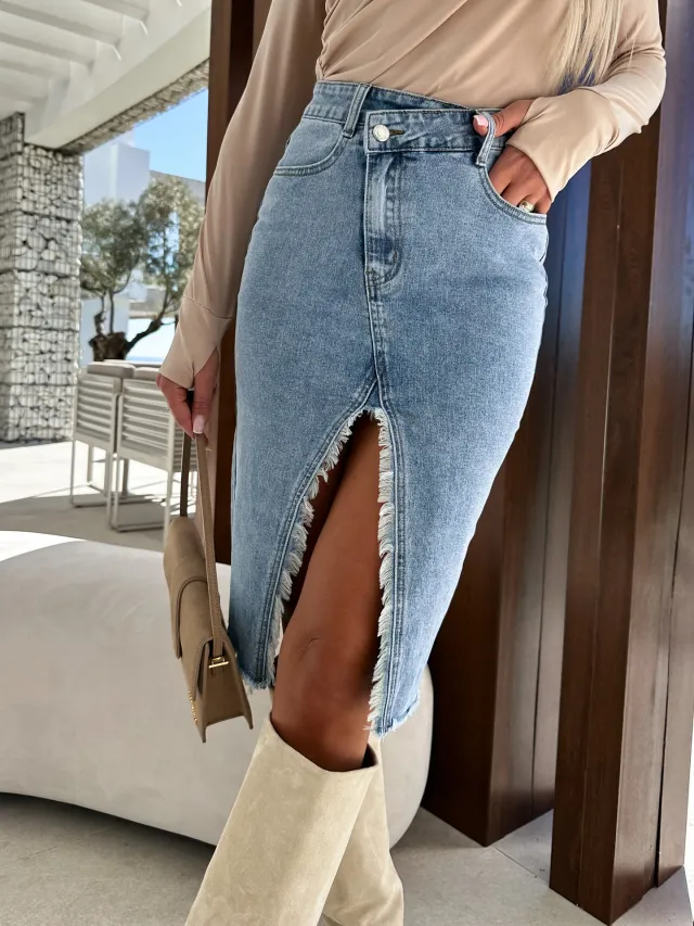 Split Fashion Casual Solid Denim Buttocks Skirt Denim Blue - Shop at LoveMi