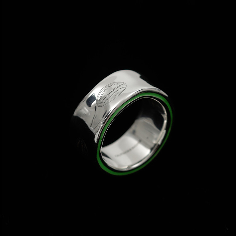 Engraved Sandwich Green Enamel Distressed Plain Silver Ring