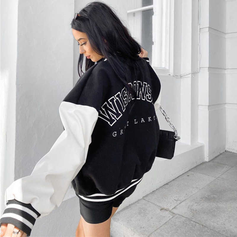 PU Stitching Contrast Loose Shoulder Baseball Jacket