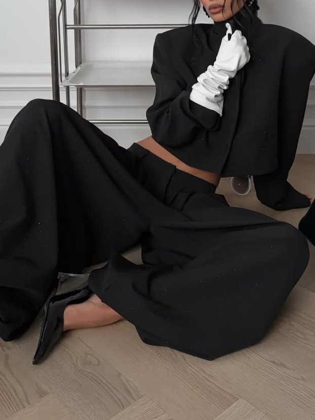 Black Rhinestone Embellished Cropped Blazer & Wide Leg Pants 2-Piece Set