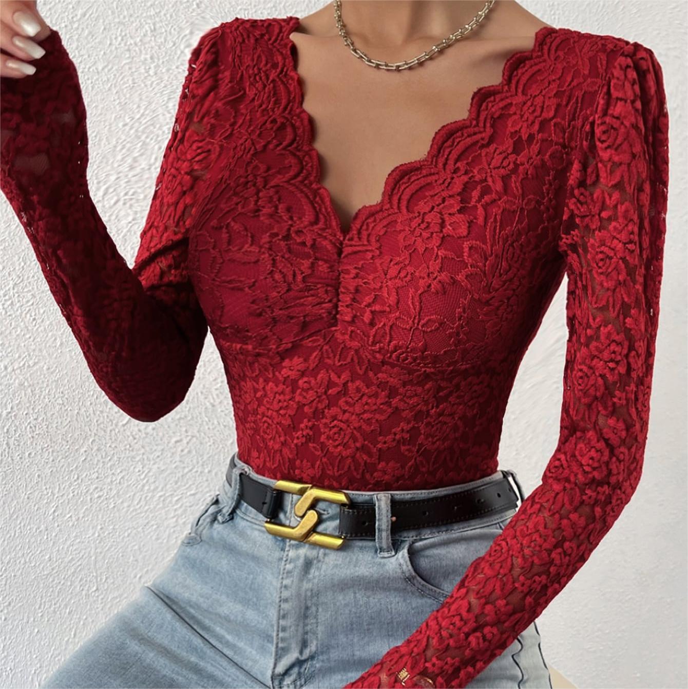 Title 15, Solid Color Lace Long Sleeve Hot Girl See-throu...