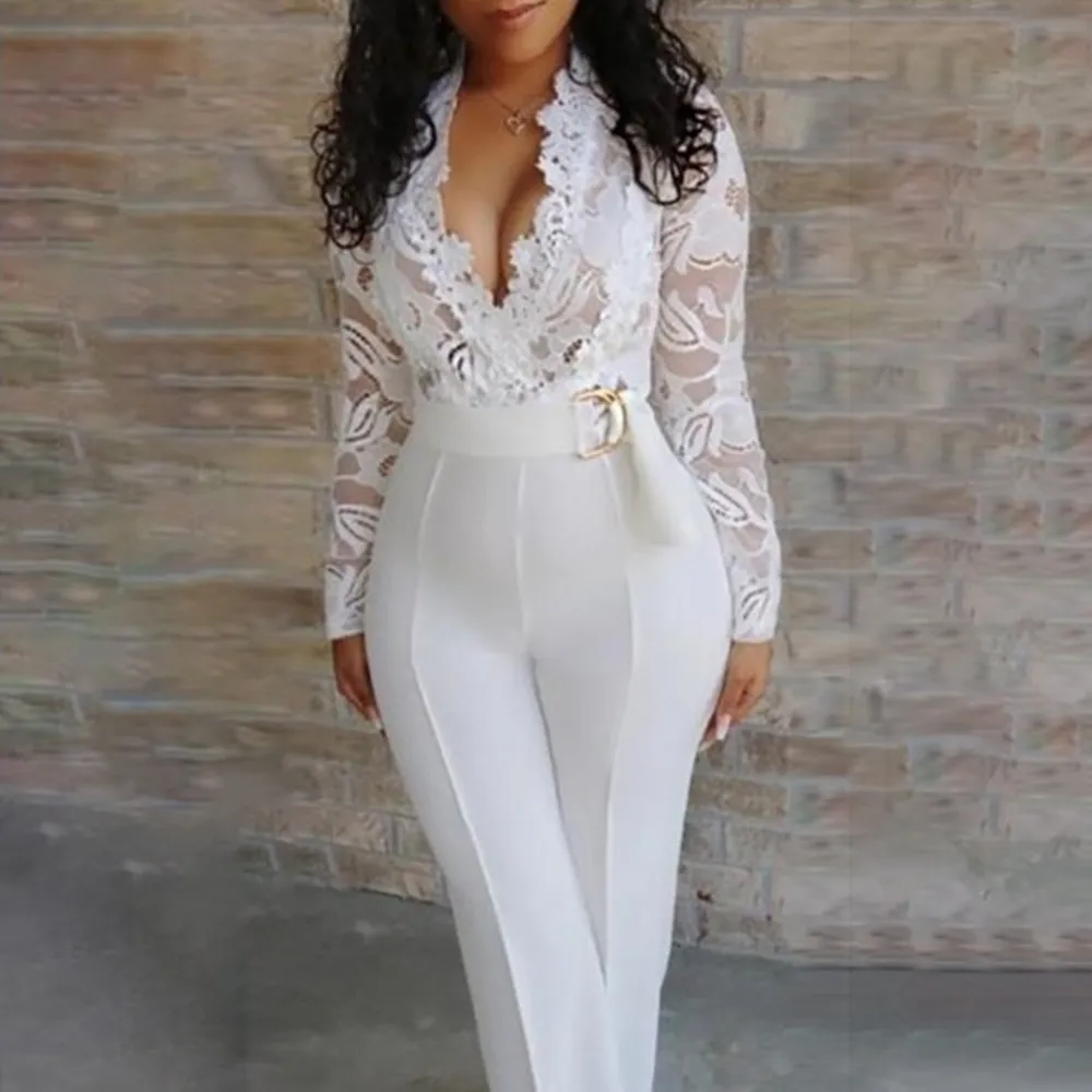 Women's Long Sleeve Lace White Jumpsuit - White