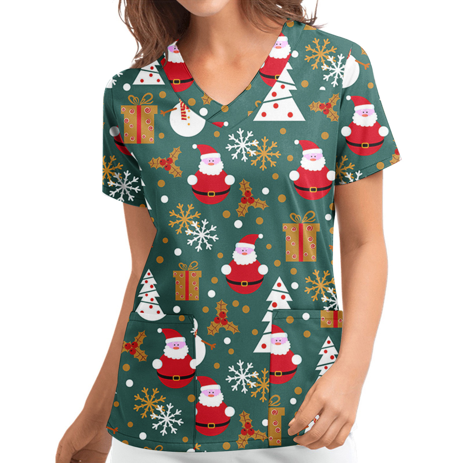 Title 6, Christmas Printed V-neck Short Sleeve Workwear ...