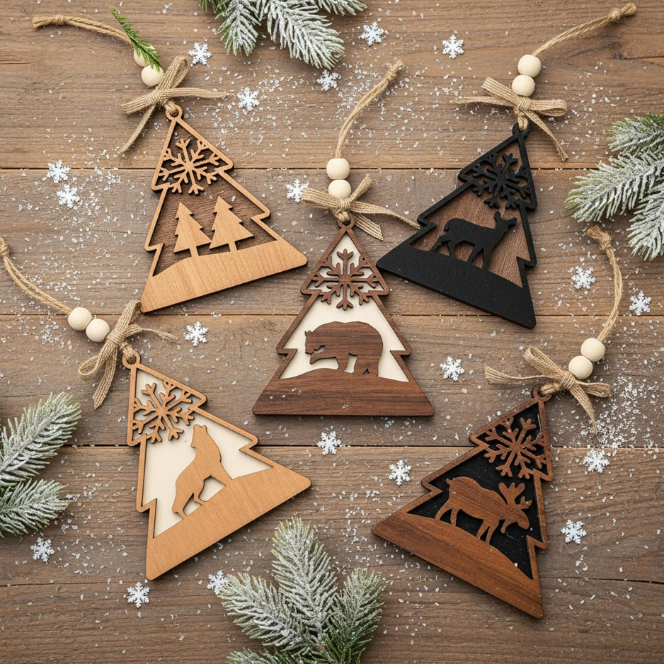 20 Pcs Rustic Christmas Ornaments Wood Animals Reindeer Bear Wolf