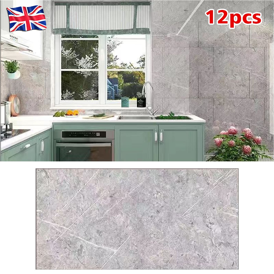 12Pcs PVC Marble Tiles Wall Sticker Self-Adhesive Stick Kitchen Bathroom Decor