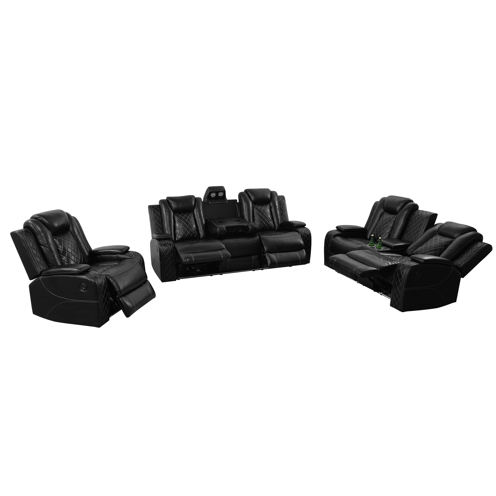 Pickup Only--Black Breathing Leather 3-Piece Living Room Recliner Sofa Set