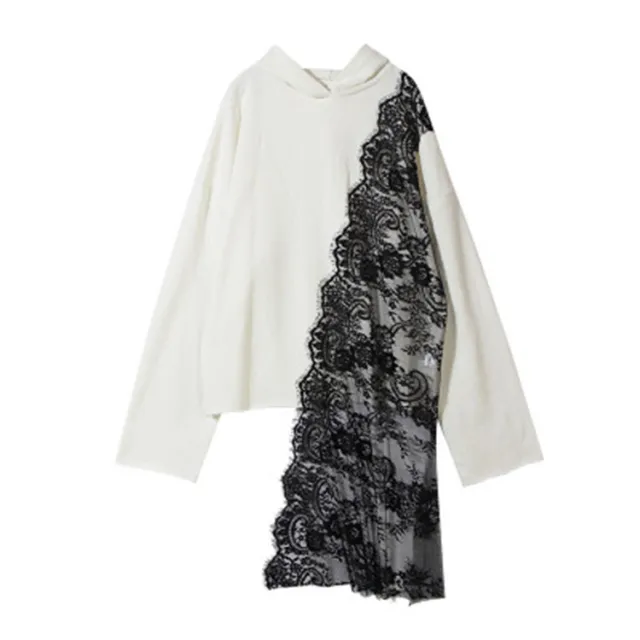 Women's Asymmetric Stitching Lace Hooded Sweatshirt White - Shop at LoveMi