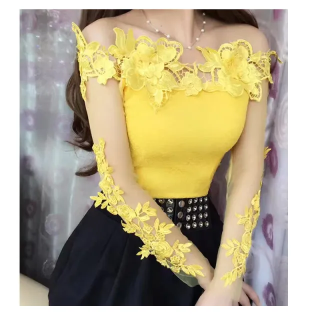 HEAVY INDUSTRY EMBROIDERY 3D FLORAL SLIM SHORT TOP Yellow - Shop at LoveMi