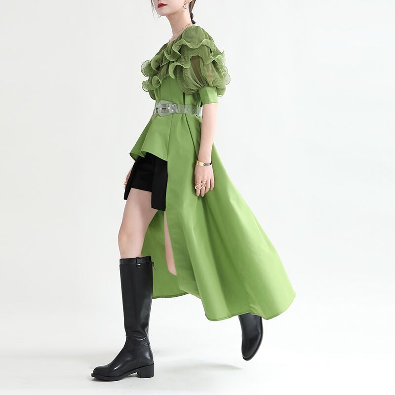 Title 3, Ruffled Pleated Chiffon Panel Shirt Dress