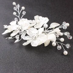 New Bride Wedding White Shell Petals Pearl Crystal Hairpin Ornament - White - View 1