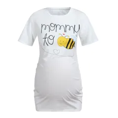 Loose Short Sleeve Printed Plus Size Maternity Dress - White - View 1