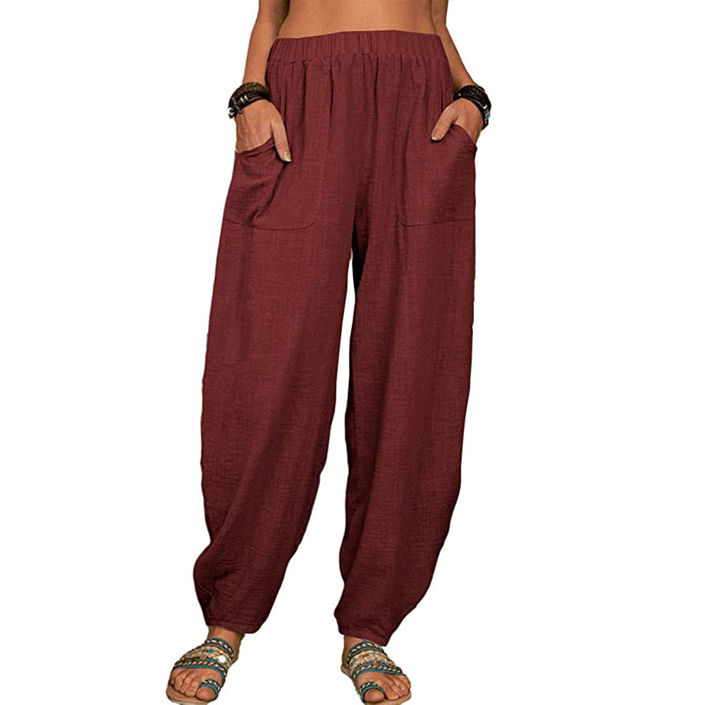 Casual Loose Harem Pants Summer Fashion Solid Color Pockets Trousers Womens Clothing Wine - Shop at LoveMi
