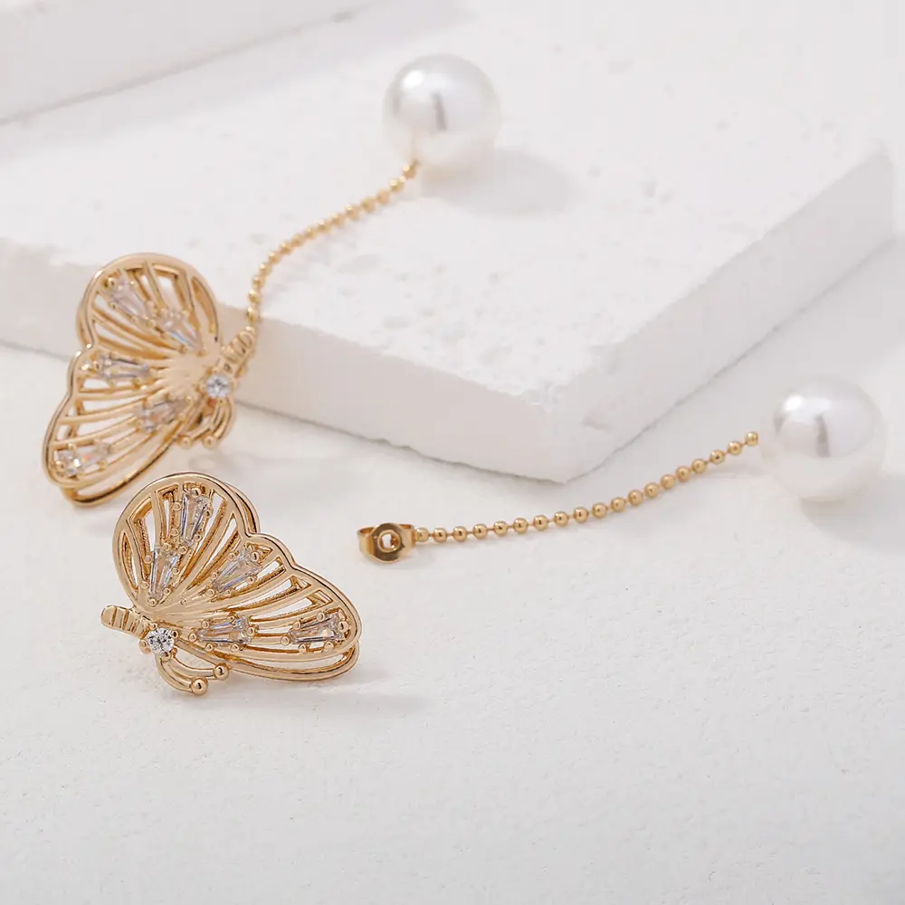Temperament Personality Copper Micro-zircon Butterfly Long Tassel Pearl Earrings