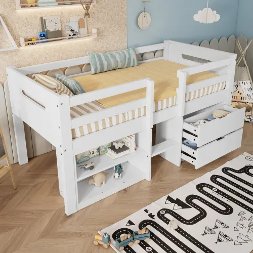 Wooden Bed, Storage Bed , Children S Bed, 3ft Single Bed 90x190cm, Safety Guardrail, Two Drawers With Slides, Two Storage Compartments, Pine Wood  Particle Board, White