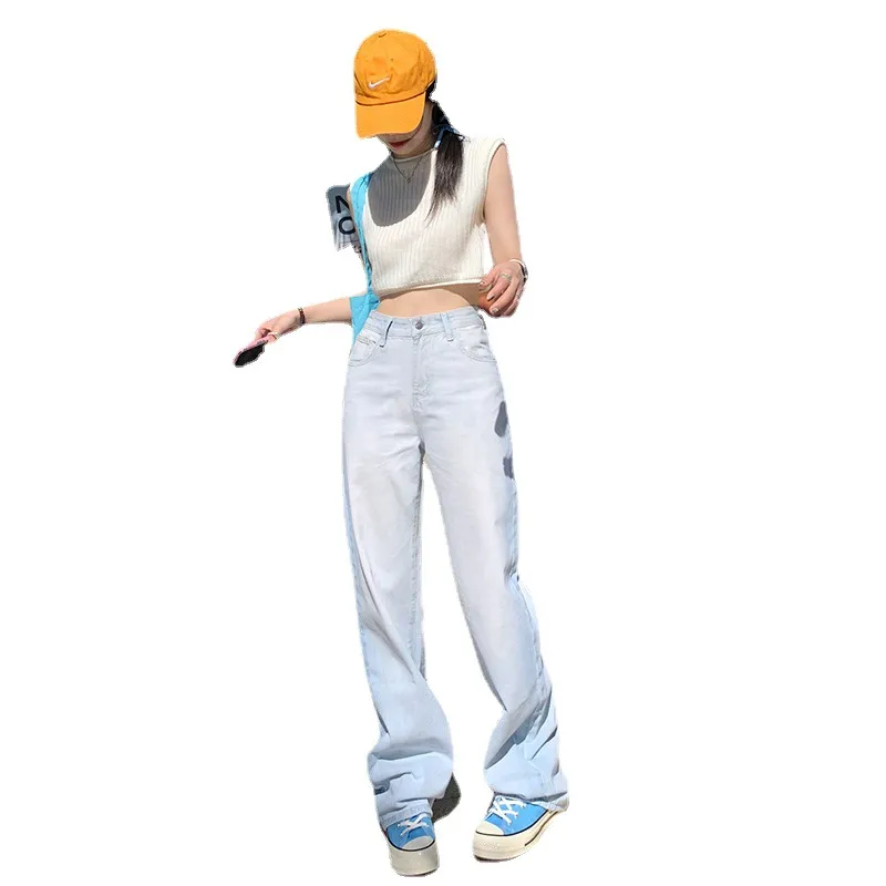 Women's High Waisted Loose Draped Wide Leg Jeans - Blue