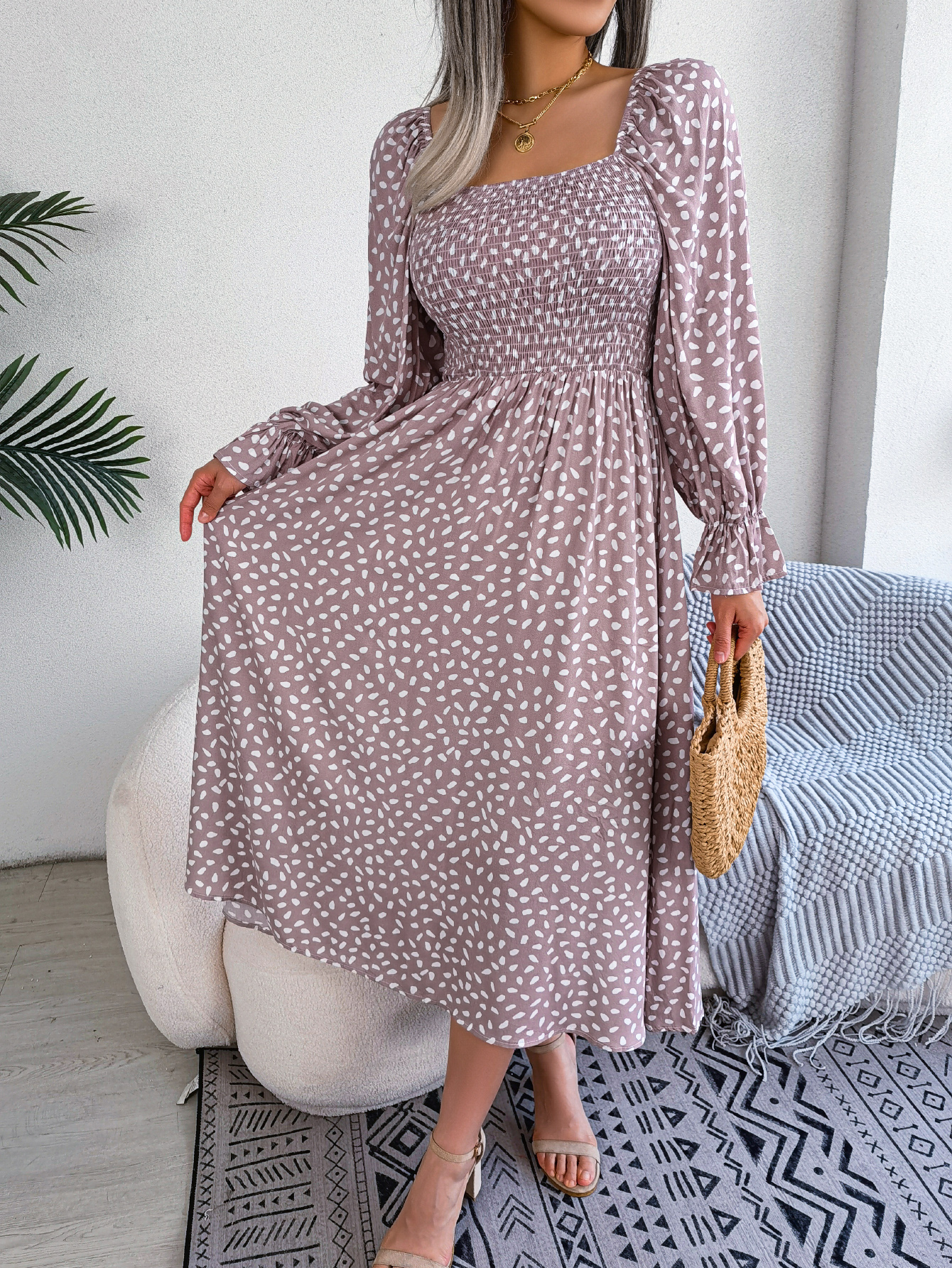 Women Square Neck Long Sleeve Vacation Rayon Pleated Maxi Dress