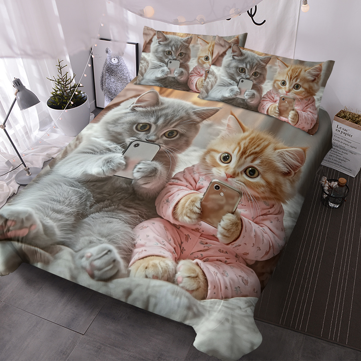 Cat Duvet Cover Set, Kawaii Pet Animal Cat Lover Comforter Cover Set, 3 Pieces, 1 Quilt Cover And 2 Pillowcases