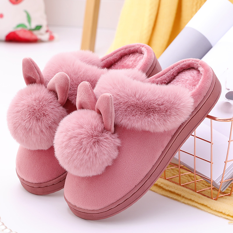 Cute Cartoon Ball Ball Rabbit Ears Women's Home Cotton Slippers Couple Plush Cotton Slippers