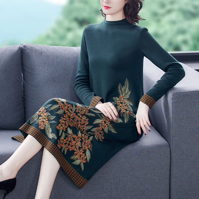 High end Fashion Embroidered Knitted Dress For Women Dark Green - Shop at LoveMi