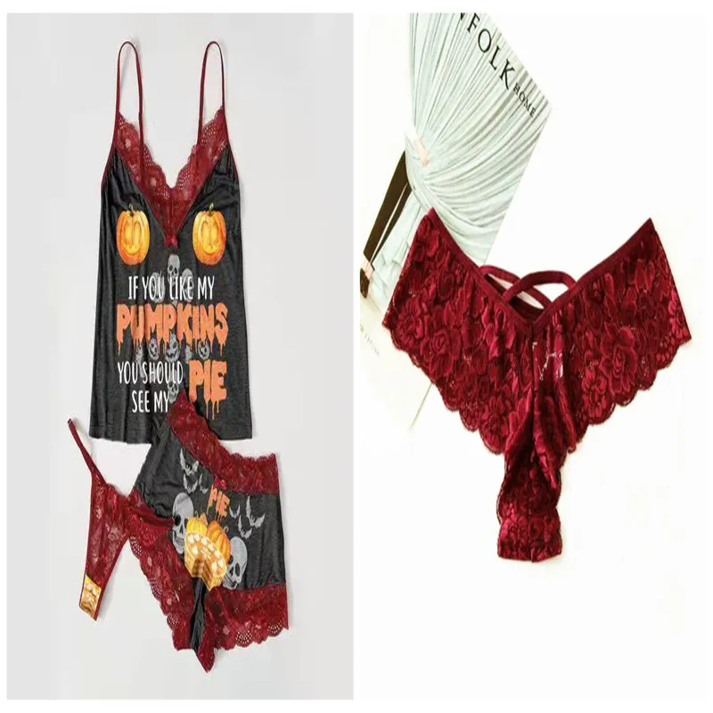 Sexy Lingerie Women's Halloween Pajamas Lace Top With Narrow Straps - Set