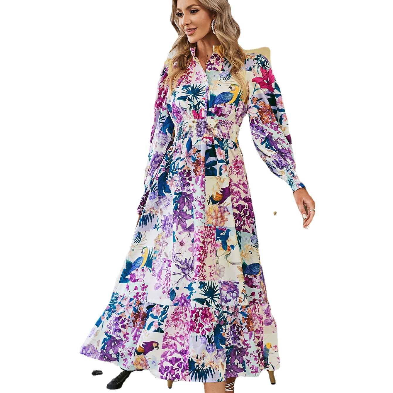 European And American Flower Print Holiday Style Dress