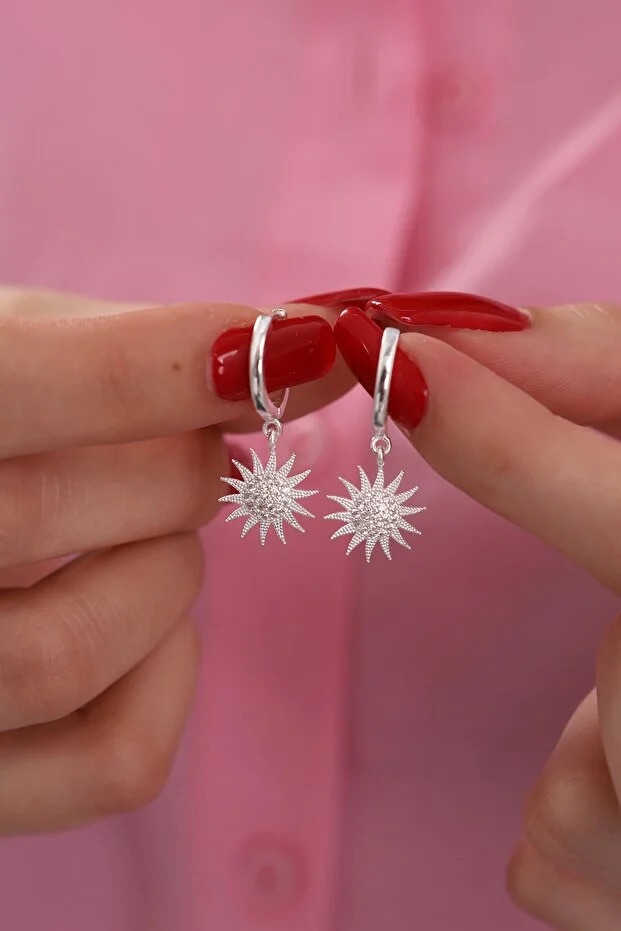 Silver Plated Sun Earrings With White Zircon Stone 2