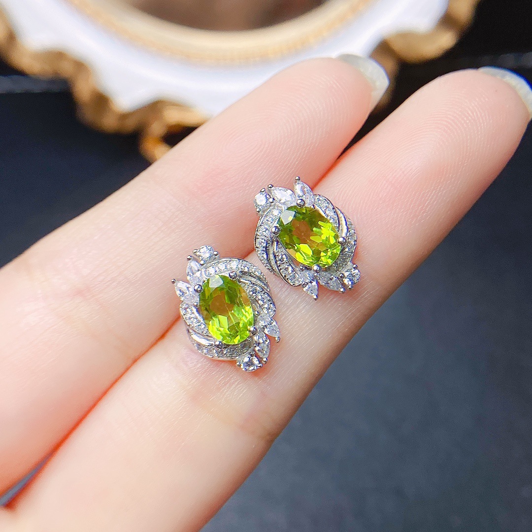 Title 5, Natural Olivine Stud Earrings S925 Silver Inlai...