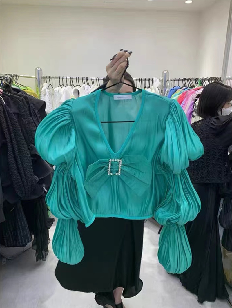 Title 5, Versatile V Neck Blouse With Large Bow And Diam...