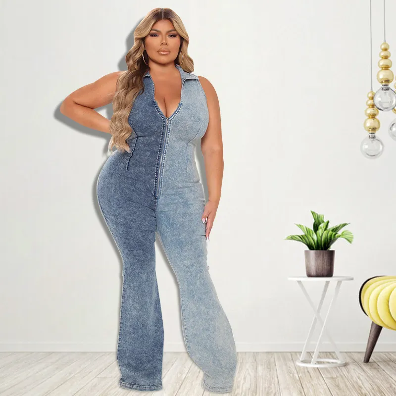 Women's Fashionable Denim Jumpsuit With New Washing Technology - Blue