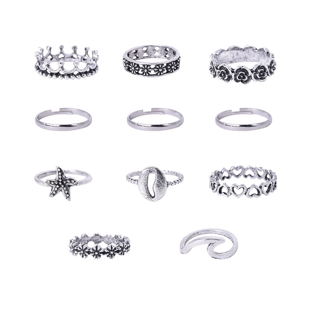 Retro Hollow Love Crown Pattern 11-piece Bracelet Ring