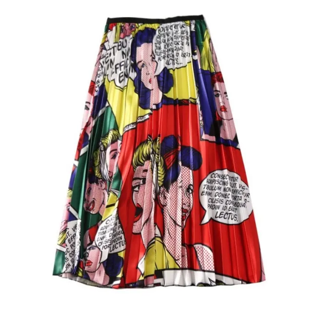 Elastic Waist Pleated Skirt Printed Mid length Skirt Pleated Large Hem A line Skirt Vintagef - Shop at LoveMi