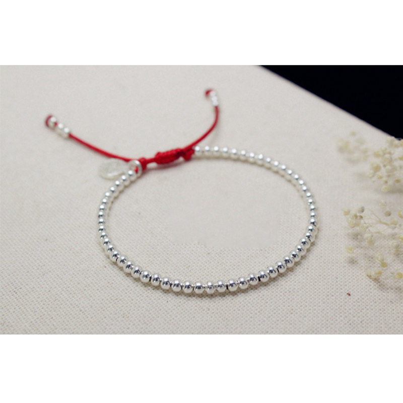 Sterling Silver Happy Word Tag Silver Beaded Red String Bracelet
