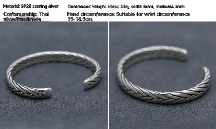 Sterling Silver Ornament Chiang Mai Handmade Silver Retro Hemp Rope Woven Thai Opening Bracelet