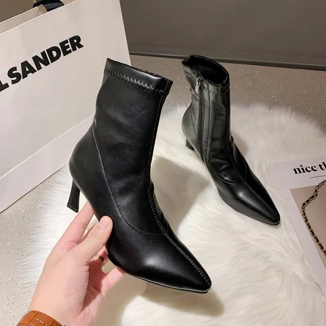 Womens Pointed Thick Heel Leather Mid Pipe Boots Black - Shop at LoveMi