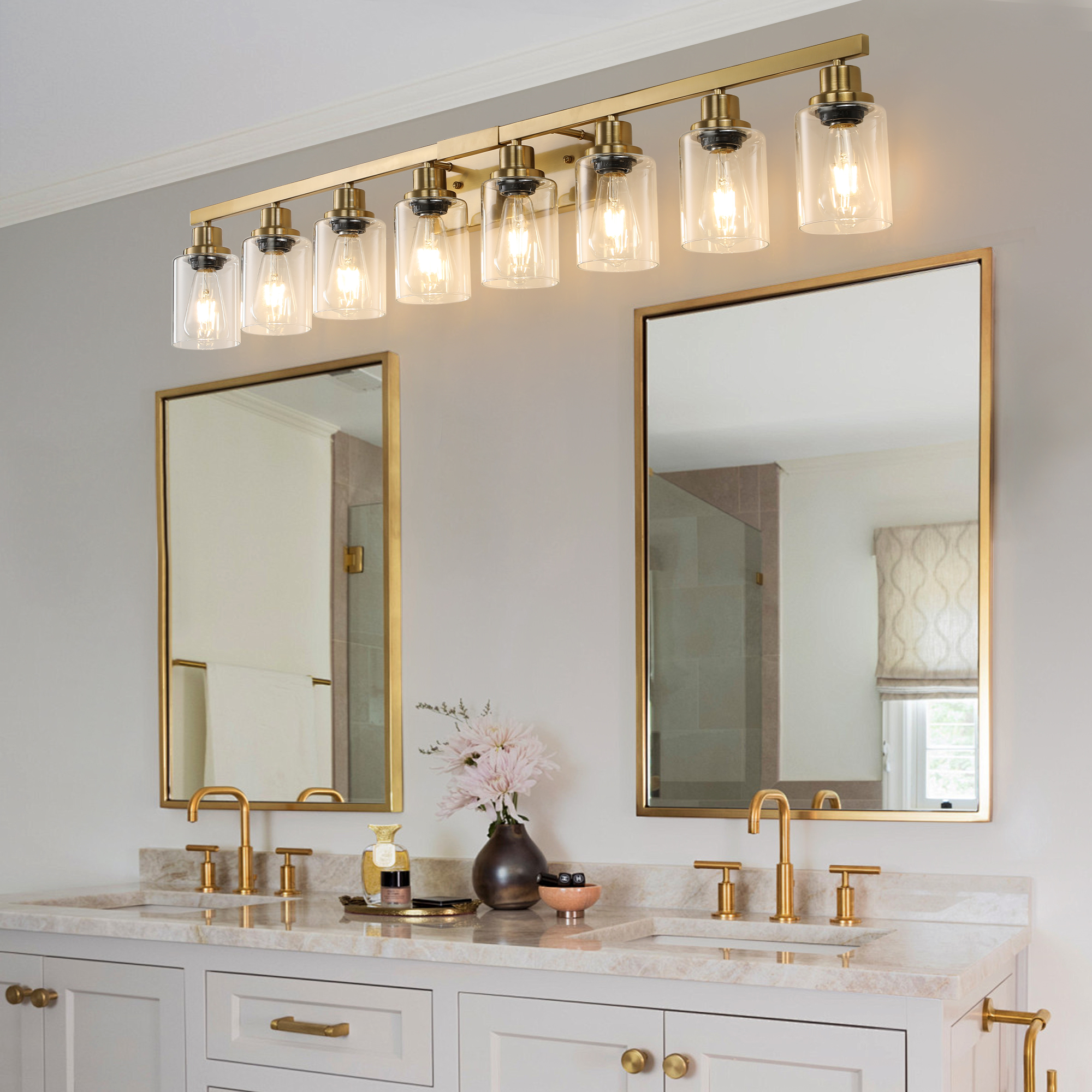 51  Golden 8-Light Vanity Light With Clear Glass Shades, Modern Iron Metal Bathroom Wall Fixture For Mirror, Ideal For Bathroom And Dressing Table  No Bulbs