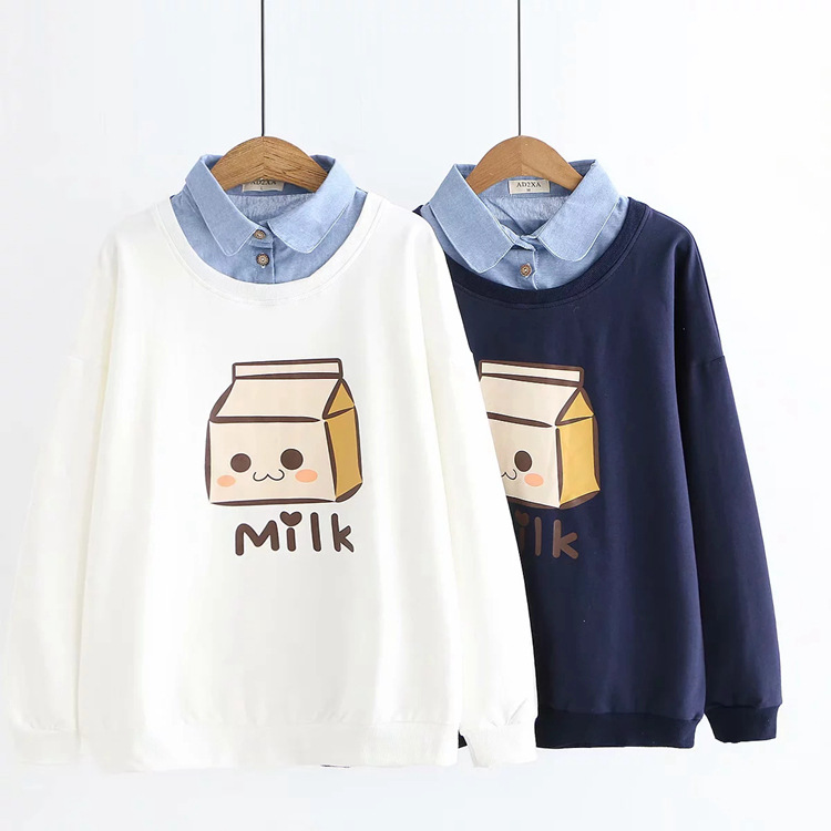 Title 12, Stitching Fake Two-piece Denim Collar Sweater Top