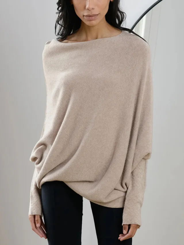 Solid Off shoulder Batwing Sleeve Sweater Fashion Round Neck Temperament Pullover Top Womens Clothing Light Brown - Shop at LoveMi