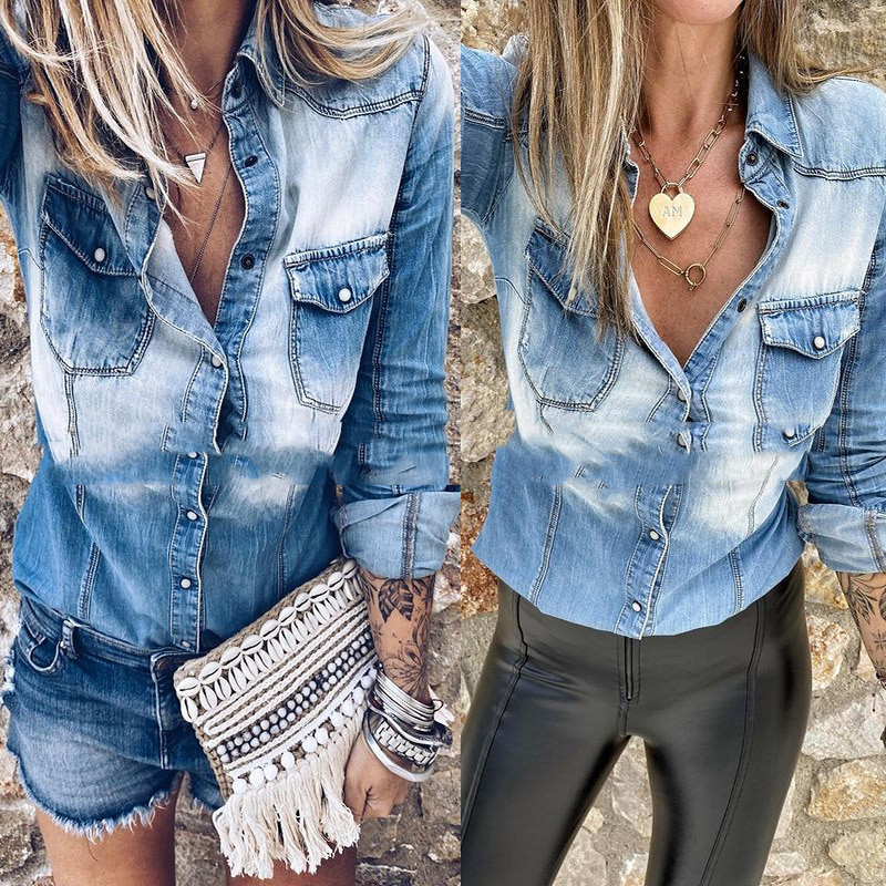 Women's Fashion Distressed White Long Sleeve Denim Shirt