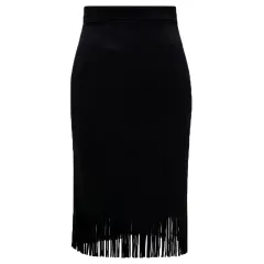 Women's A-Line Fringe Hem Skirt Solid Colour Versatile Midi Skirt For Casual & Party Wear - Black - View 1