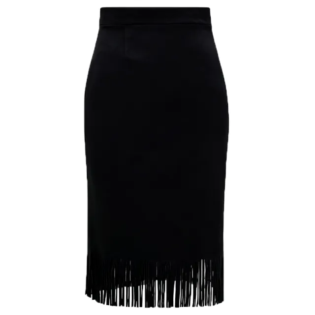 Women's A Line Fringe Hem Skirt Solid Color Versatile Midi Skirt For Casual & Party Wear Black - Shop at LoveMi