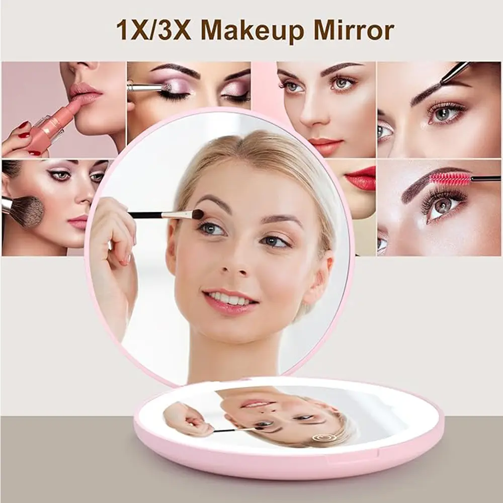Travel Makeup Mirror With LED Light, Magnifying Mirror With Light Perfect Wife Birthday Gift Ideas, 3.5 Inches 2 Side Compact Mirror Portable For Handbag, Purs