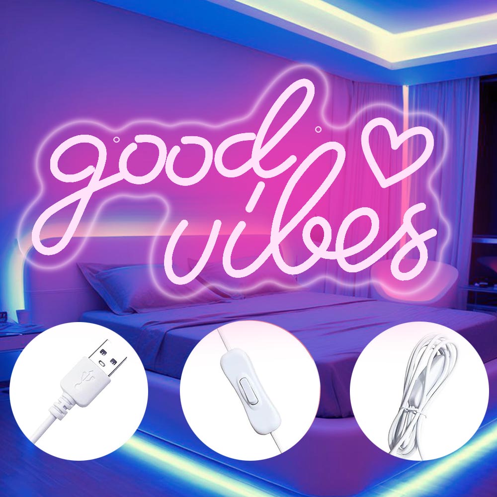 Pink Good Vibes Neon Sign - Lights For Bedroom, LED Signs Wall Decor — image 6