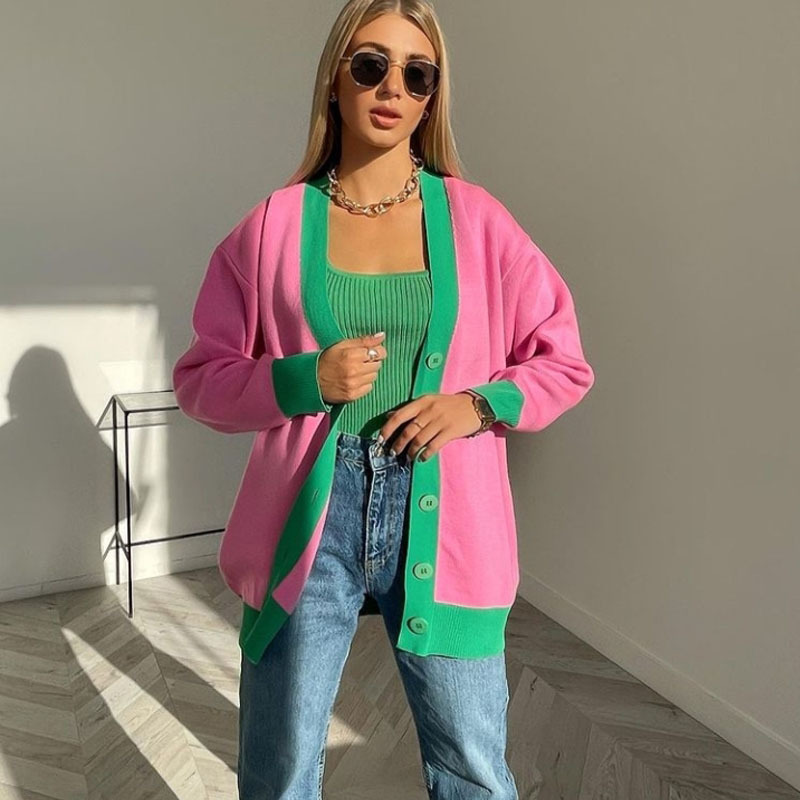 Long-sleeved Single-breasted V-neck Loose Sweater Coat