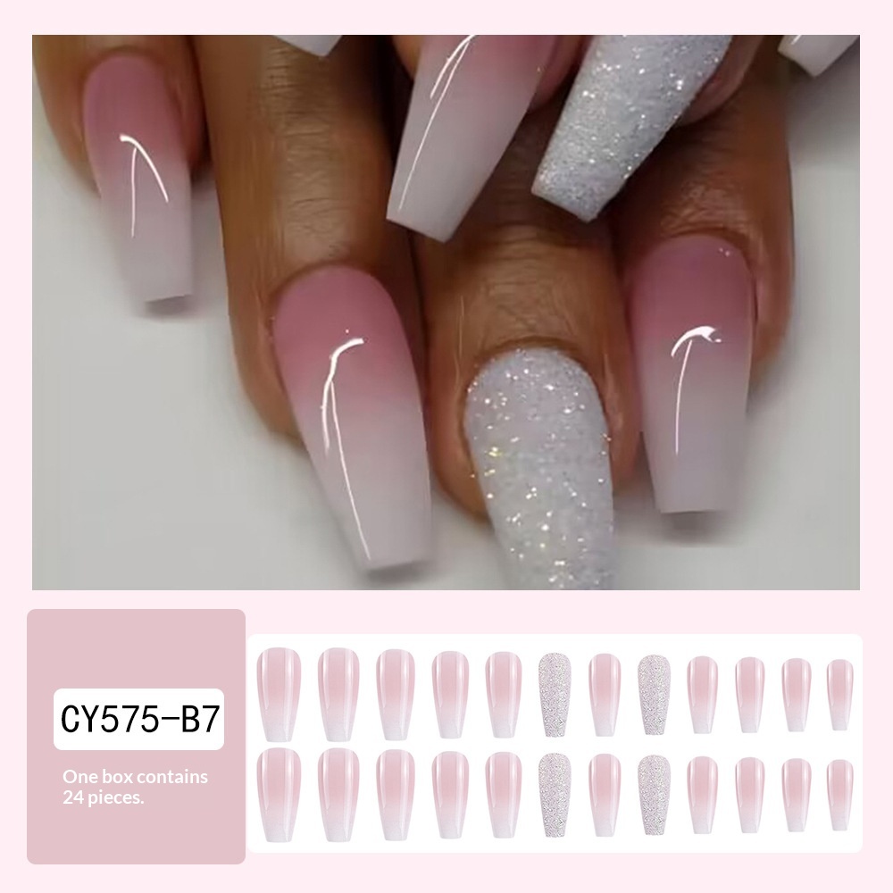 Upgrade Your Appearance.24-piece Long-style Coffin-shaped Gradient Light Pink Sequin Fashionable Lady's Nail Art Set.Suitable For Parties,dances Or Daily Wear.Long Press The Nail.