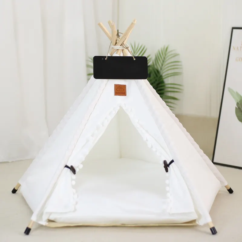 Pet Teepee Tent Dog Cat Bed Portable RWashable Houses Indoor Puppy — White with ball / S