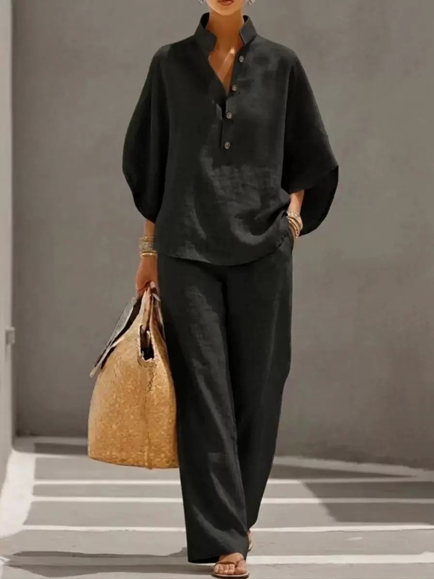 Linen Blend Stand Collar Half Button Batwing Sleeve Top & Wide Leg Pants Casual