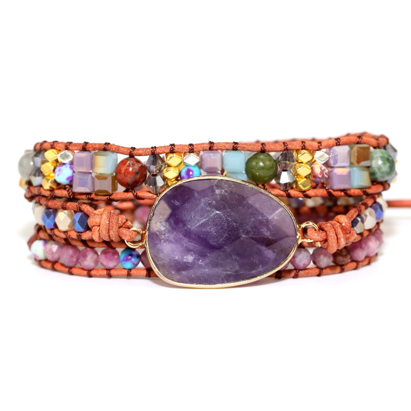 Amethyst Hand-woven Leather Bracelet With Multiple Layers Of Energy
